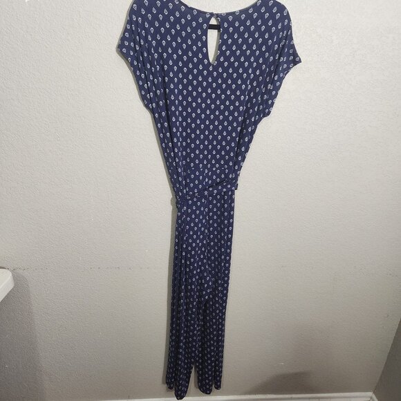 Old Navy Womens Navy Blue White Printed Jumpsuit Size Tall Large Tie Waist - Picture 4 of 16